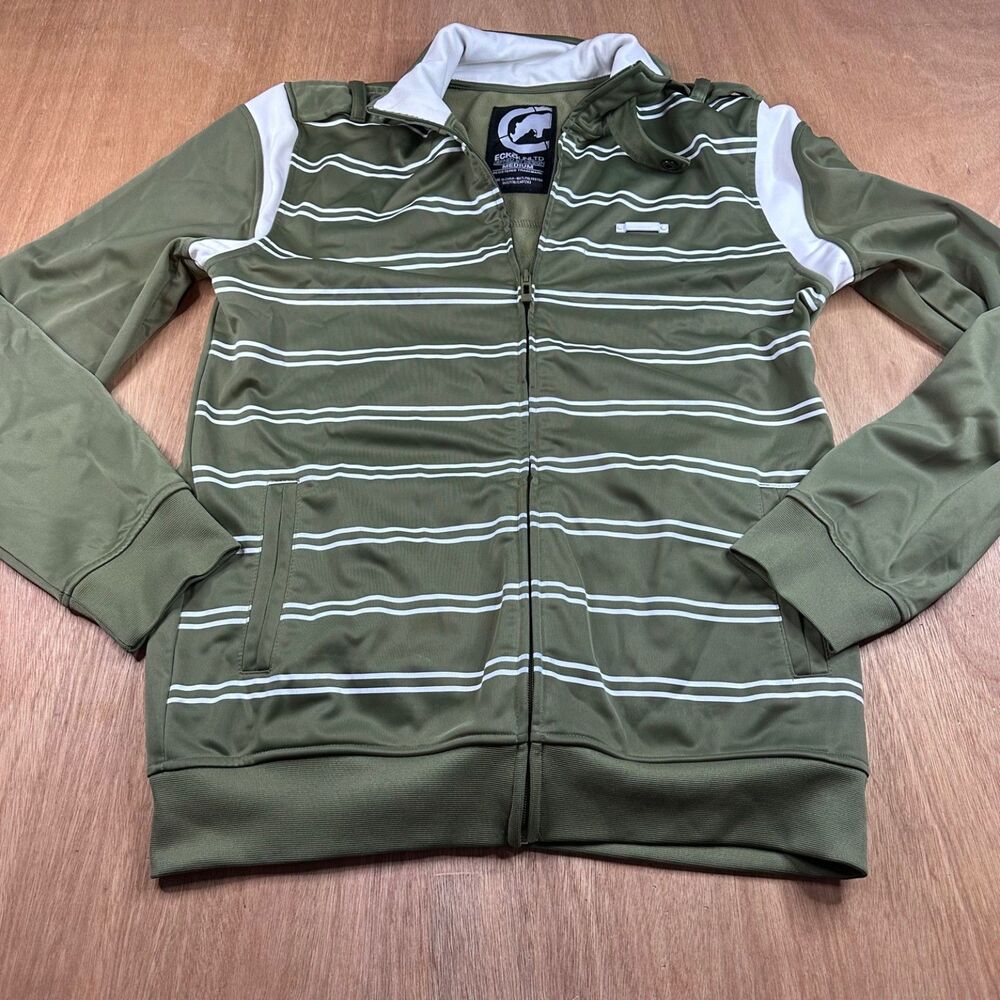 Ecko Unltd Men's Medium Olive Green Striped Full Zip Jacket Fleece Lined